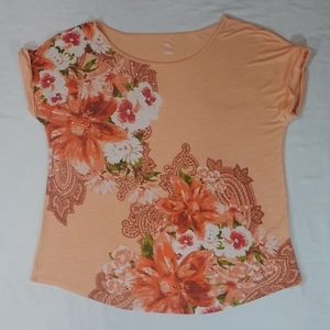 CB Casual Orange Floral Boatneck Tee L